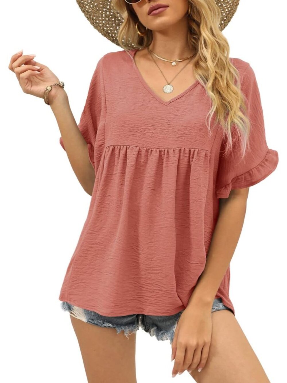 Womens Tops Casual V Neck Ruffle Sleeve T Shirts Babydoll Loose Fit Peplum Tops